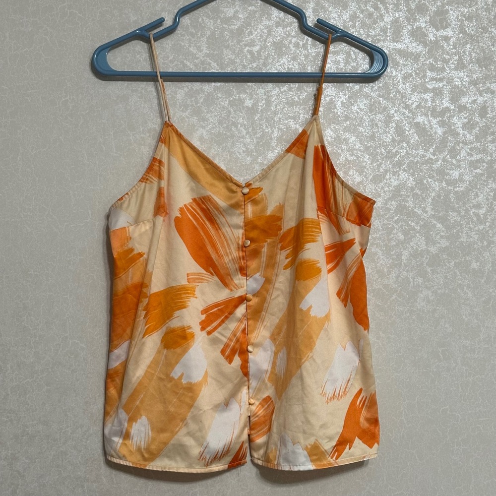 Nine West Button Front Cami Sleeveless Blouse White Orange Brushstroke Print M